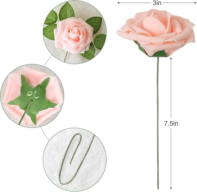 AmyHomie Artificial Flower Blush Pink Rose 25pcs Real Looking Fake Roses w/Stem for DIY Wedding Bouquets Centerpieces Arrangements Party Baby Shower Valentines Day Christmas Tree Decorations