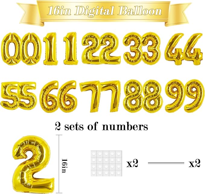TONIFUL Number Balloons 16 Inch Fat Gold 2 Set 0-9 Number Mylar Foil Balloons 20 Pcs Custom digitalal for 2026 New Year Eve Birthday Party Engagement Graduations Anniversary Baby Shower Decor