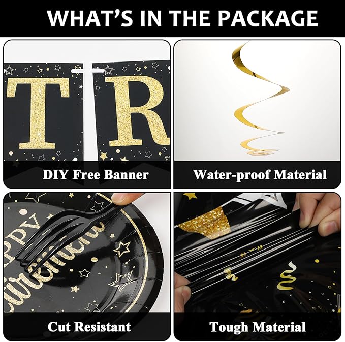 184pcs Happy Retirement Party Supplies, Black Gold Happy Retirement Plates Napkins Cups Tablecloth Swirls Banner Tableware Kit, Disposable Farewell Party Decorations Favors, Serve 25 Guests