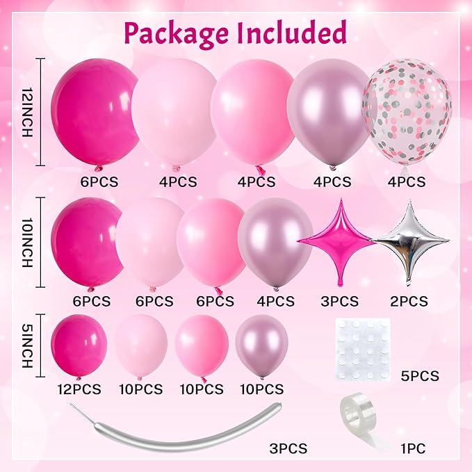 Hot Pink Balloons Garland Arch Kit, Metallic Chrome Magenta Balloon Happy Birthday Decorations Baby Dark Pink Silver Star Confetti Balloons for Girls Birthday Princess Wedding Baby Shower Party Decor
