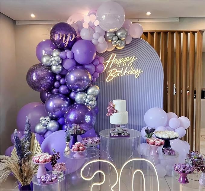 Grey Violet Maca Purple Silver Balloons Garland Arch Kit, 146Pcs Latex Balloons Different Sizes 18 12 10 5 Inch for Party Decoration Birthday Wedding Engagements Anniversary Baby Shower