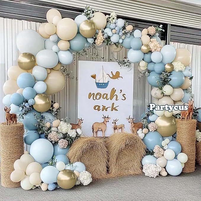 Dusty Blue White Sand Balloon Garland Double Stuffed Pastel Light Blue Cream Beige Matte Balloon Arch Kit with Gold Latex for Neutral Baby Shower Bridal Wedding Birthday Easter Party