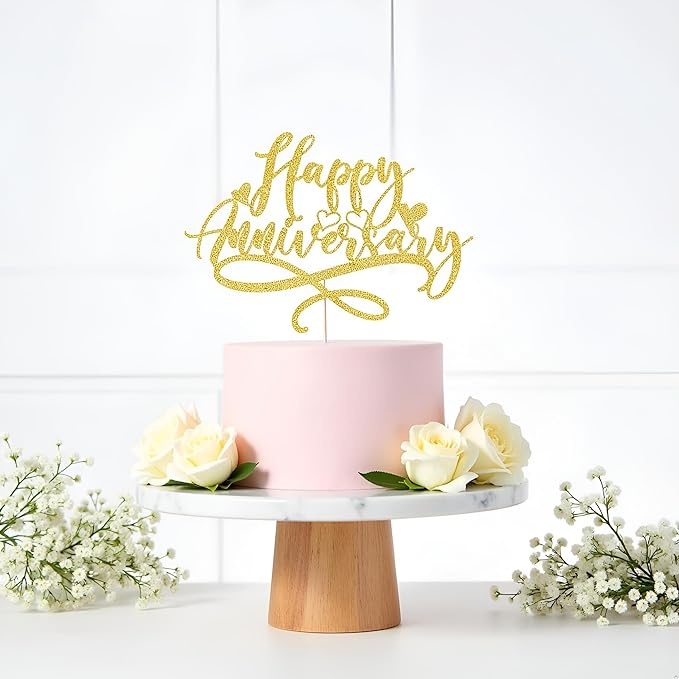 Happy Anniversary Cake Topper, celebrate Company Wedding Birthday Party Decoration Gold Glitter(Anniversary)