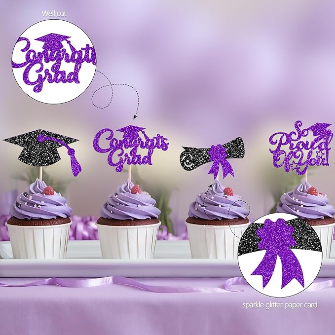 24Pcs Black Purple Graduation Cupcake Toppers 2026, Glitter Grad Cap Diploma Congrats Grad We Are So Proud of You Cupcake Toppers for Class of 2026 Graduation Party Decorations.
