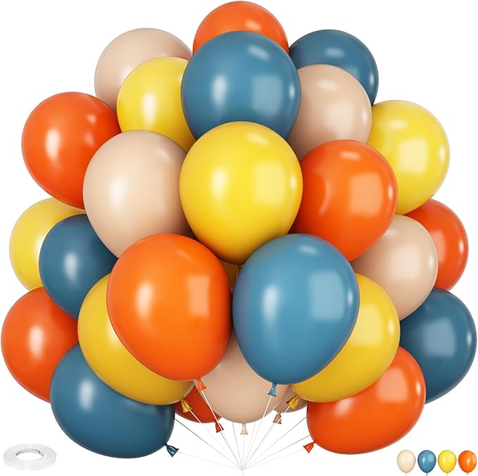 Retro Blue Yellow and Orange Balloons, 60PCS 12 Inch Slate Blue Burnt Orange Mustard Yellow Balloons for Here Comes the Son Baby Shower Kids Birthday Party Boho Party Decorations