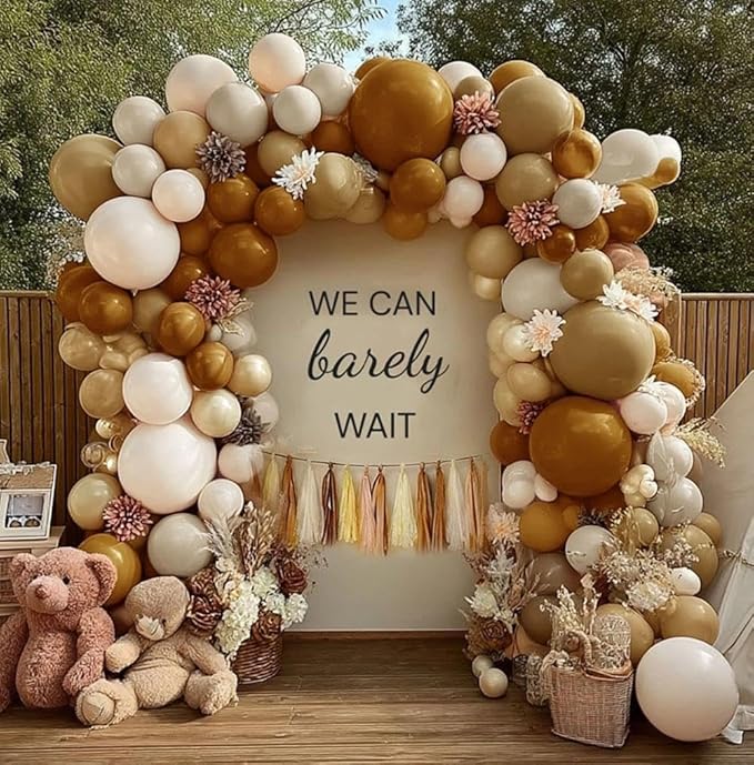 Neutral Balloon Arch Garland Kit - Double Stuffed Nude Beige Brown Cream Gold Balloons with Artificial Flowers Tissue Tassels for Birthday Bear Baby Shower Bridal Party Decoration