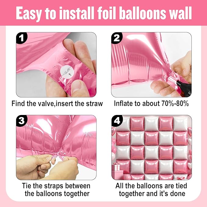 50Pcs Pink and White Square Foil Balloons Wall Backdrop, Double Sided Metallic Foil Balloons Tunnel Arch Garland Kit for Photo Booth Birthday Wedding Halloween Christmas Party Decorations