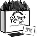JWSCYSY 12.6" White and Metallic Black Retirement Gift Bag with Tissue Paper, Retired 2026 Gift Bag with Greeting Card for Men Women Retirement Party Decorations Supplies