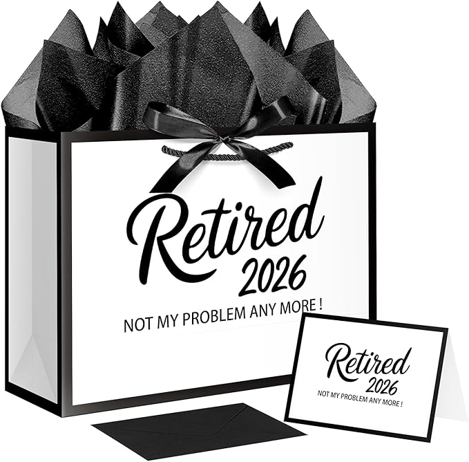 JWSCYSY 12.6" White and Metallic Black Retirement Gift Bag with Tissue Paper, Retired 2026 Gift Bag with Greeting Card for Men Women Retirement Party Decorations Supplies