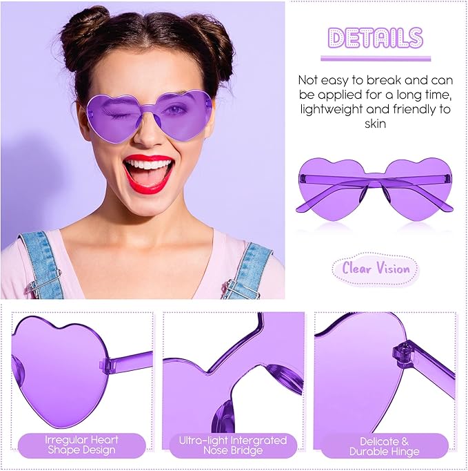 TOODOO 10 Pairs Heart Shaped Sunglasses Rainbow Sunglasses Candy Color Rimless Glasses for Women Girl Party Favor