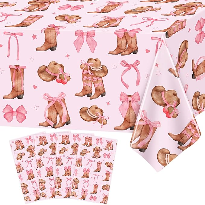 4Pcs Western Cowgirl Tablecloth Coquette Bow Cowgirl Birthday Party Tablecover 51x86 inch Cowboy Rodeo Table Cloth Western Theme Party Decoration Birthday Party Supplies
