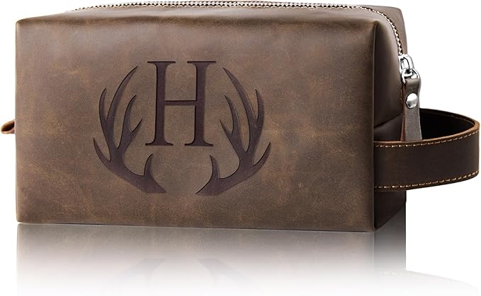 Personalized Toiletry Bag for Men Initial Letter PU Leather Shaving Bag Travel Essentials Storage Bag Fathers Day Christmas Halloween Thanksgiving Easter Valentines Birthday Gifts for Him (H)