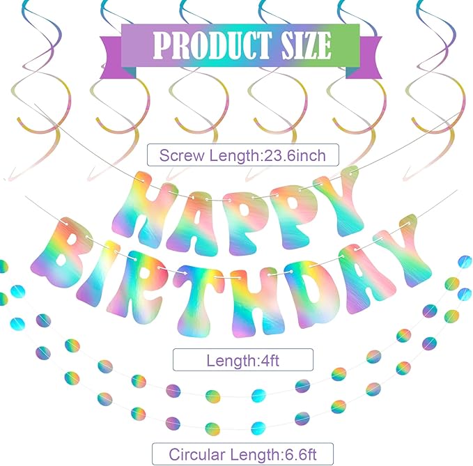 Happy Birthday Banner Iridescent Party Decorations, Fufuddz Funny Birthday Sign, Pre-Strung Holographic Garland & Hanging Swirls Decor for Disco Bachelorette, Girls Women 21st 30th 40th 50th 60s 70s