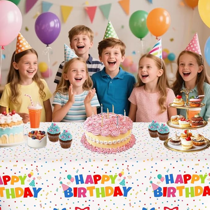 Birthday Tablecloth, 2 PCS Birthday Table Cloths 54'' x 108'' Disposable Birthdays Table Cover Waterproof Plastic TableCloth Rectangle Party Tablecloths for Kid’s Happy Birthdays Party Decorations