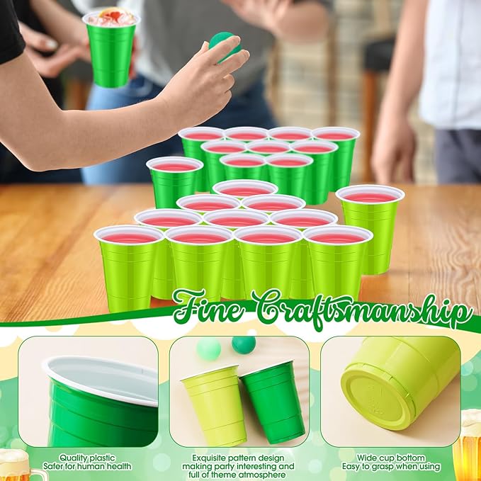32pcs St. Patricks Day Party Games for Adult Include 24 Pcs 16oz Green Plastic Cups with 8 Balls, Shamrocks Irish Festival Party Decor, Juice Beverage, Outdoor Toss Game Favor Supplies