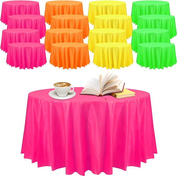 Preboun 84 Inch Large Neon Tablecloth Disposable Plastic Round Party Table Cover Decor Assorted Color Tablecloth Circle Table Cover for Wedding Birthday Picnic Tea Party Decor(Vivid Color,16 Pack)