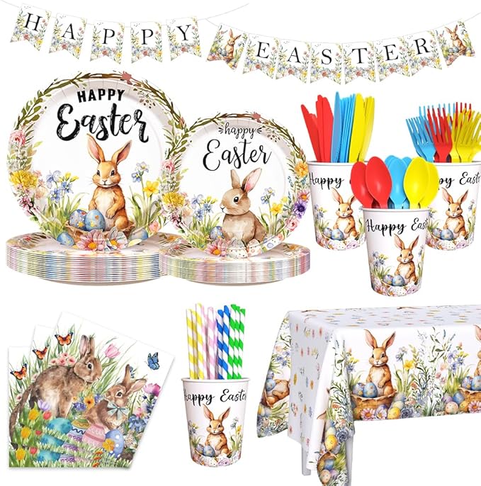 Easter Party Supplies, Happy Easter Party Tableware Set, Happy Easter Banner, Bunny Paper Plates Napkins Cups for Easter Spring Party Decorations