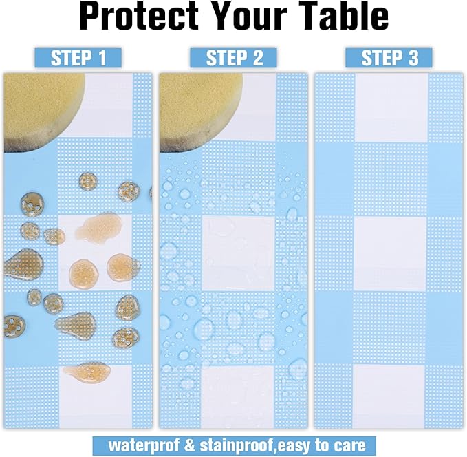 Kesfey 12 Packs Light Blue Gingham Tablecloth Pale Blue and White Checkered Tablecloths 54 x 108 Inch Disposable Plastic Gingham Tablecovers Waterproof Rectangle Picnic Table Cover for Birthday Party