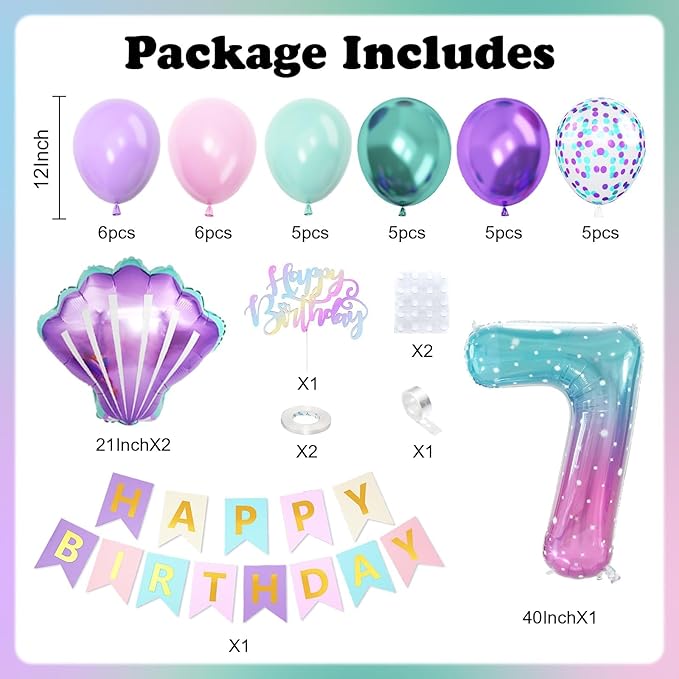7th Mermaid Birthday Decoration,Metallic Purple Pink Green Blue Latex Balloons for Girls Party Decoration Number 7 Seashell Foil Balloons Banner Cake Topper Mermaid Sea Decorations