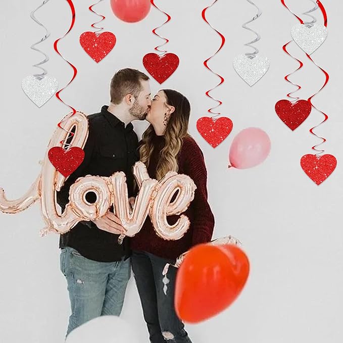 BEISHIDA Happy Valentine's Day Pre-Strung Hanging Swirls Valentine's Decorations Red Red Silver Glitter Heart Hanging Streamers for Wedding Anniversary Engagement Proposal Party Supplies 15Pcs