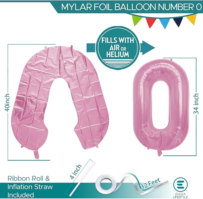 40 Inch Large Pink Number Celebration and Decoration Balloon for Birthday Parties, Graduations, Anniversaries, Weddings, Photo Shoots, Special Events - Helium Foil Mylar (Pink Number 0)