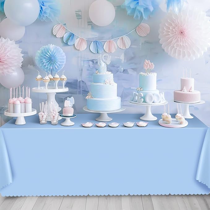 3 Pack Plastic Light Blue Tablecloth, 54 X 108Inch Disposable Baby Blue Scalloped Dessert Tablecoth for Rectangle Table Waterproof Spring Table Cover for BBQ Picnic Wedding Birthday Baby Shower Decor