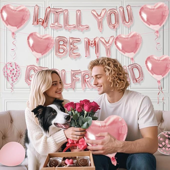 2 Set 16 Inch Rose Gold 'Will You Be My Girlfriend' Balloons Banner with 6 Heart Shaped Balloons for Romantic Decorations, Engagements, Anniversaries, Valentines Day Decor