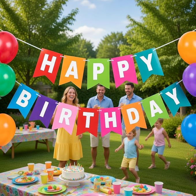 Rainbow Happy Birthday Banner Colorful Birthday Flag Bunting for Party Backdrop Decor, Happy Birthday Sign Party Supplies for Women Kids Baby Shower Hanging Decor