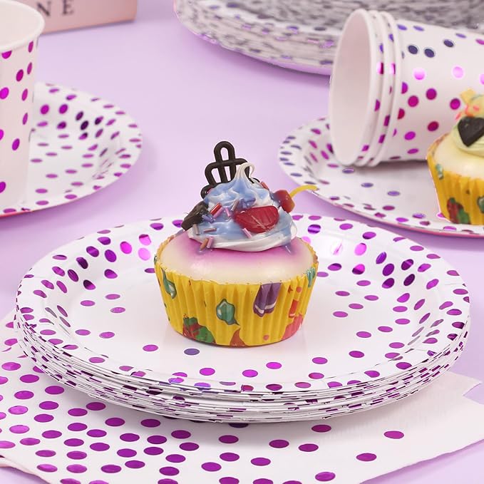 Purple Birthday Plates Decorations Party Supplies,168PCS Disposable Plates for 24 Guests - Purple Polka Dots Decorations for Birthday, Retirement, Wedding