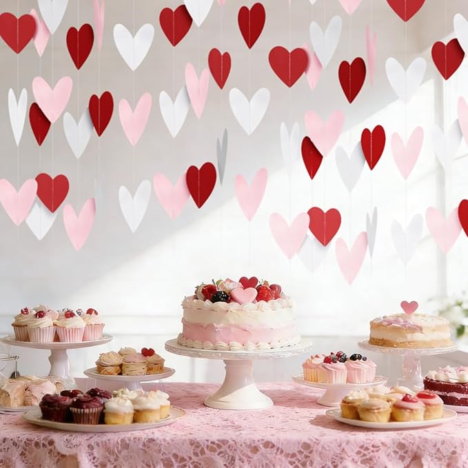 8 Pack Red Pink White Heart Garland Valentines Day Party Decorations Heart Paper Streamers Banner for Wedding Proposal Engagement Birthday Party Supplies