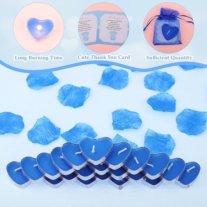 50 Sets Baby Shower Favors Candle Include 50 Pcs Heart Shaped Tealight Guests Baby Shower Candles Tealight with Thank Cards and 100 Pcs Gift Bags for Gender Reveal(Blue)