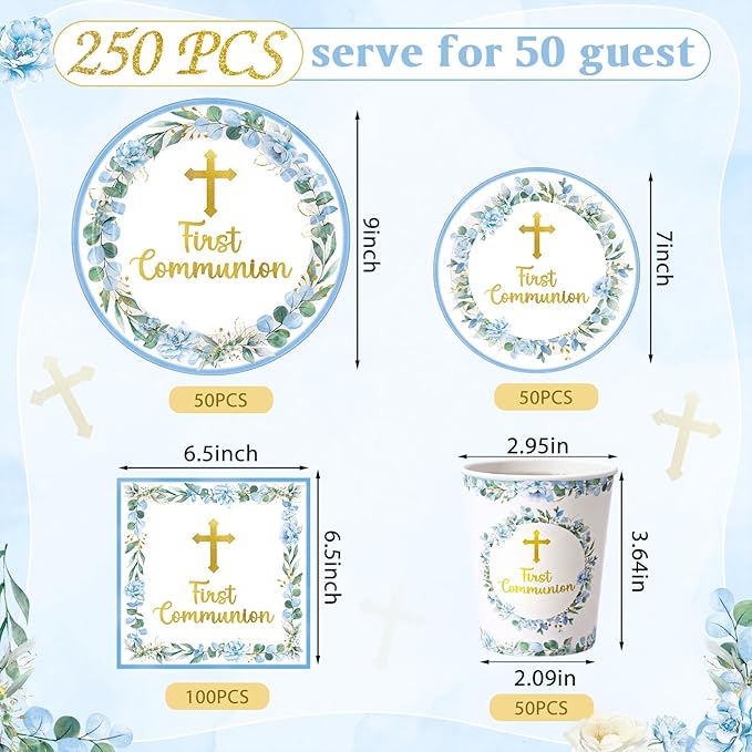 Pickmesh 250 Pcs Blue First Holy Communion Disposable Tableware Set God Bless Baptism Disposable Paper Plates Napkins and Cups for Boys Christening Celebration Baby Shower Religious Supplies Serve 50