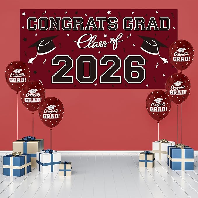 2026 Graduation Party Plastic Backdrop - 65" x 32.7" Congrats Grad Banner in Maroon, Large Class of 2026 Decorations, Photography & Grad Party Supplies