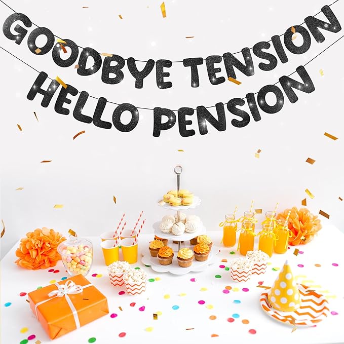 Retirement Banner Pre-Strung GOODBYE TENSION HELLO PENSION Banner Glitter Retirement Party Supplies Decorations for Women Men Office Home Decor (Black)