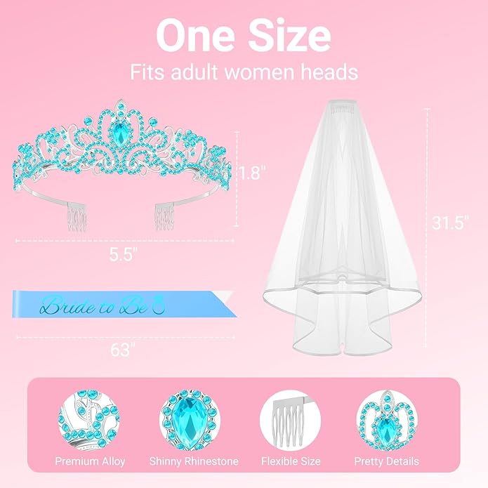 3Pcs Bride to Be Crown with Sash and Veil for Bachelorette Party Decorations, Bridal Shower Accessories for Gift, Favors