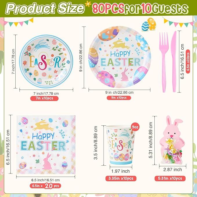 Mostop 80 Pcs Easter Tableware Set Party Supplies for 10 Guests Disposable Paper Plates, Cups, Napkins Forks Set Decorations for Easter Party Spring Holiday Picnics