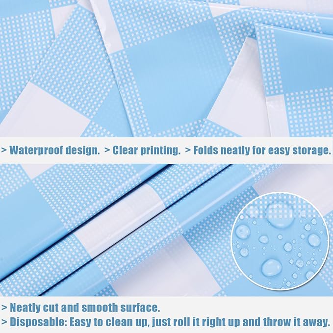 3 Packs Sky Blue Checkered Tablecloth 54 x 108 Inch Waterproof Rectangular Plaid Tablecloth Disposable Plastic Table Cover for Holiday Birthday Party