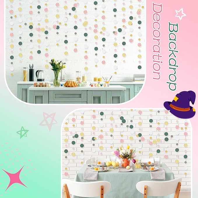 Outus 5 Pieces Colorful Dots Paper Garland Easter Decor Round Glitter Hanging Confetti Streamers Backdrop for Spring Birthday Classroom Halloween Trunk or Treat Car Decoration (Sage Green,Pink,Gold)