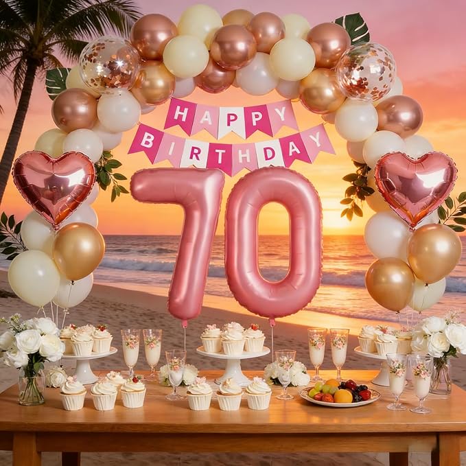70th Birthday Decorations for Women, Rose Gold and Pink Party Supplies Set with Happy 70th Banner, Number 70 Balloon and Foil Fringe Curtains, 70 Year Old Kit