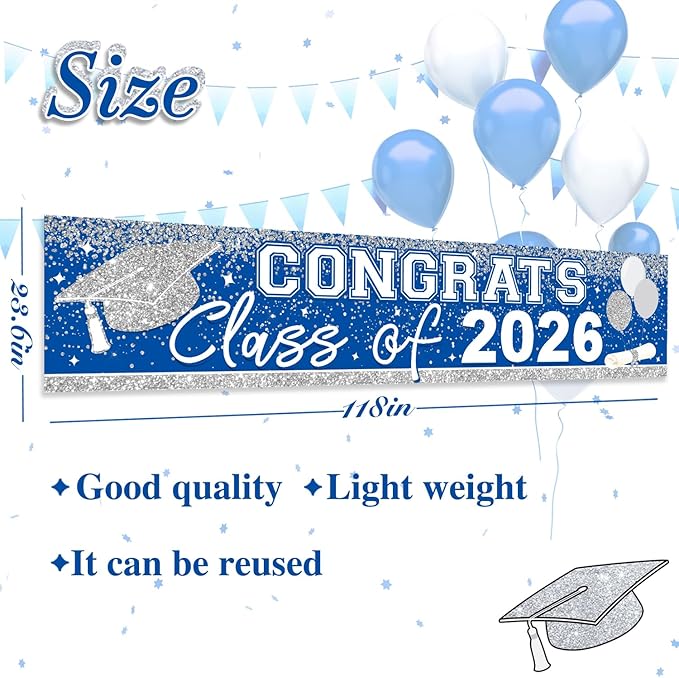 Large Congrats Grad Banner Light Blue Class of 2026 Banner Backdrop 2026 Yard Sign for Graduation Party Supplies Graduation Decorations 2026 (Light Blue)