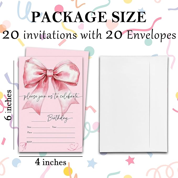 Watercolor Pink Bow Birthday Party Invitations - 20-Pack of 4''x6'' Invite Cards with Envelopes, Double-Sided Fill In Birthday Party Celebrate Supplies & Decoration For Girls Women Teens - A01