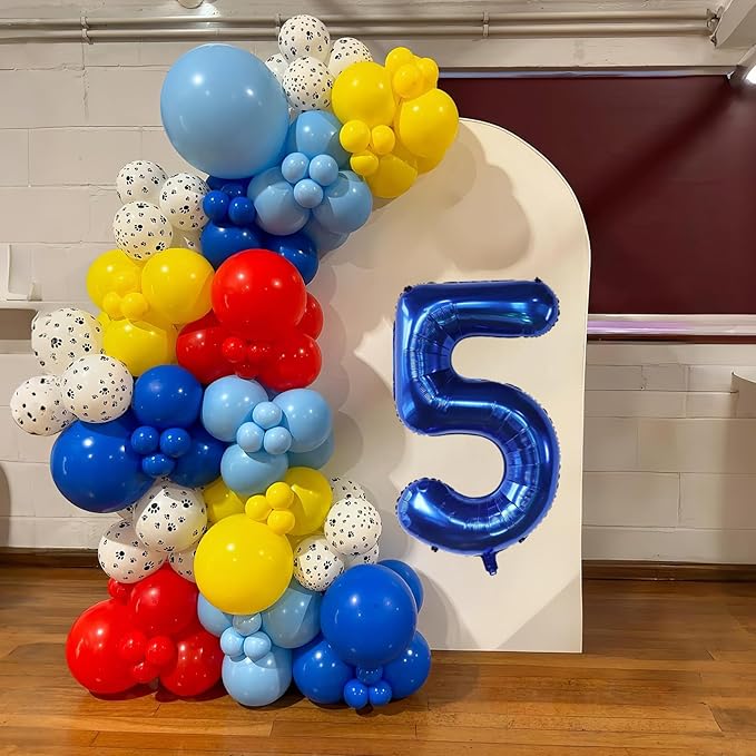 5th Birthday Decorations Boy, Dog Paw Fifth Birthday Balloons Arch with Red Blue Yellow Long Latex Balloons and Number 5 Balloon Star Foil Balloon for Paw Party Supplies
