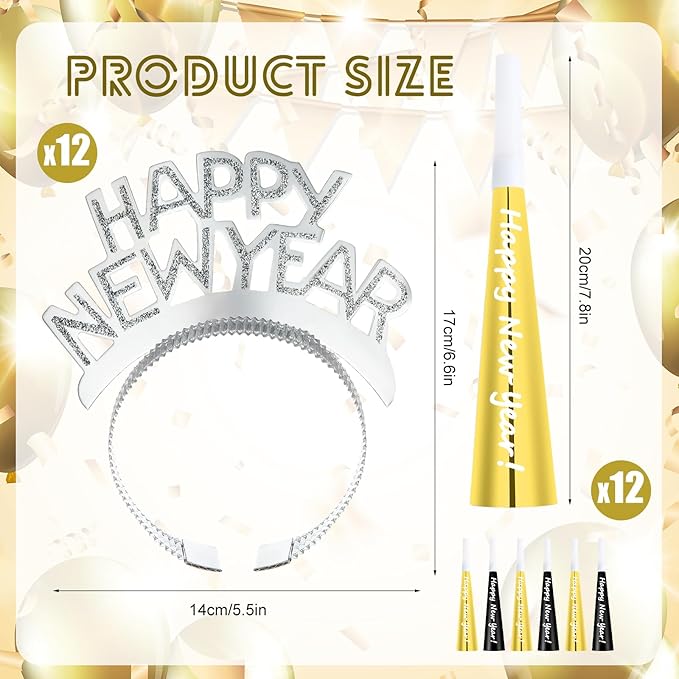 Shappy 24 Pcs 2026 New Year Party Supplies Happy New Year Headband Horn Sounder Noisemakers Eve Party Decorations