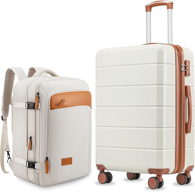 YOETEY Carry On Luggage 22x14x9 Airline Approved with Spinner Wheels, Expandable Hardside Suitcase, White