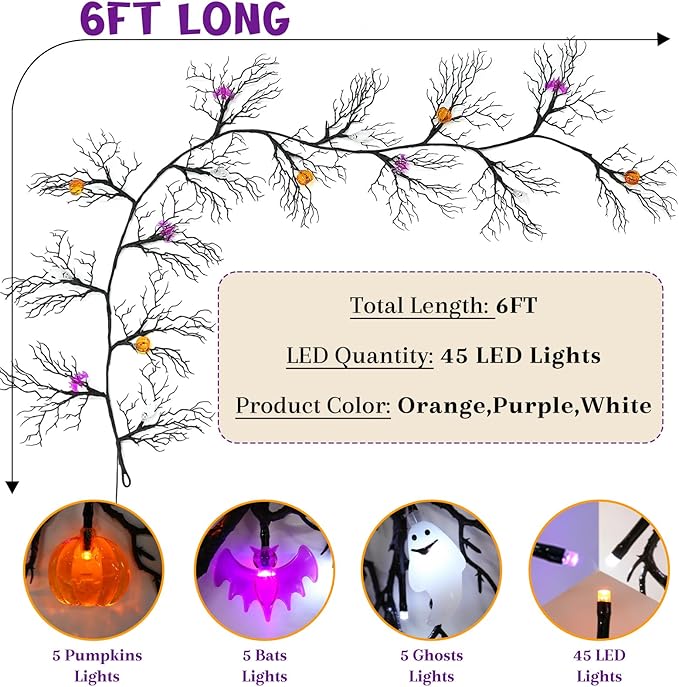 Joyhalo Halloween Garland with Lights Decorations with Pumpkin & Bat & Ghost Lights,Battery Operated 6FT 45 LED Halloween Willow Vine Twig Garland for Mantle,Wall,Fireplace and Halloween Decorations