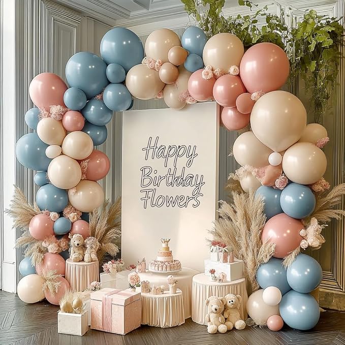 Gender Reveal Balloons Arch Kit, Double Stuffed Dusty Pink and Blue Blush Pink Beige Sand White Balloon Garland Kit for Boy or Girl Boho Neutral Bear Birthday Party Decoration...
