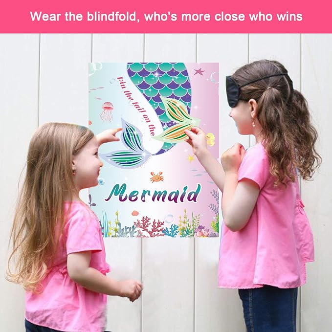 T-Antrix Pin The Tail on The Mermaid Game -Mermaid Party Game for Girls with 21'' x 28'' Poster, Reusable Tails Sticker Party Supplies for Kids Girls Birthday Party Favor Sets