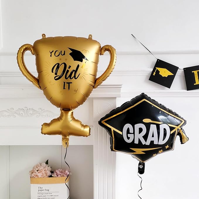 135Pcs Royal Blue Gold White Graduation Balloon Garland Arch Kit,with Explosion Star,Diploma,Trophy,Grad Hat,Photo Frame Foil Balloon for Class of 2025 Graduates Celebration Party Decoration