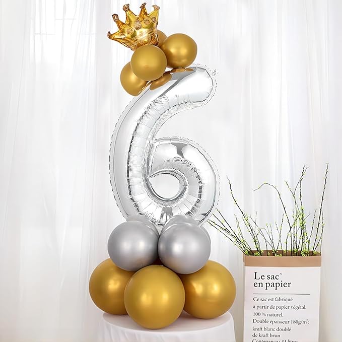 16 In Silver Large Numbers Balloons 0-9, Self Inflating Number 6 Balloons for Boys Girls, Big Silver Digit 6 Balloons for Women Men Birthday Party Anniversary Wedding Supplies Decorations