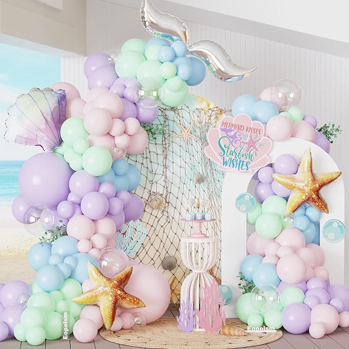 Mermaid Party Decorations 142pcs Macaron Pink and Purple Balloon Garland with Starfish Shell Fish Tail Foil Balloon for Summer Under the Sea Baby Shower Birthday Party Supplies